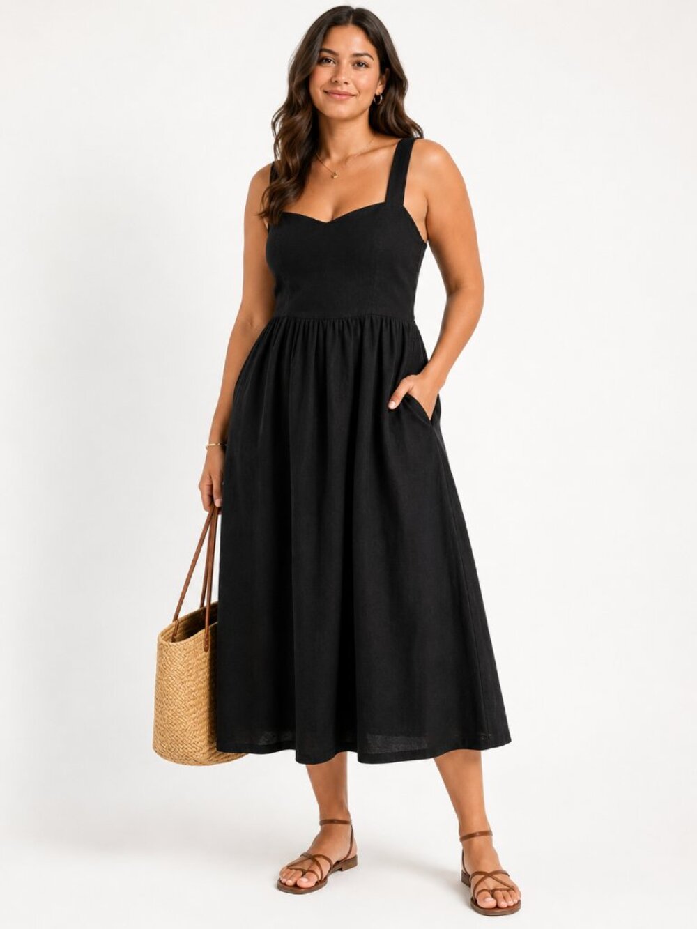 Old Navy Jet Black Linen Blend Smocked Fit and Flare Pockets Midi Size LT
